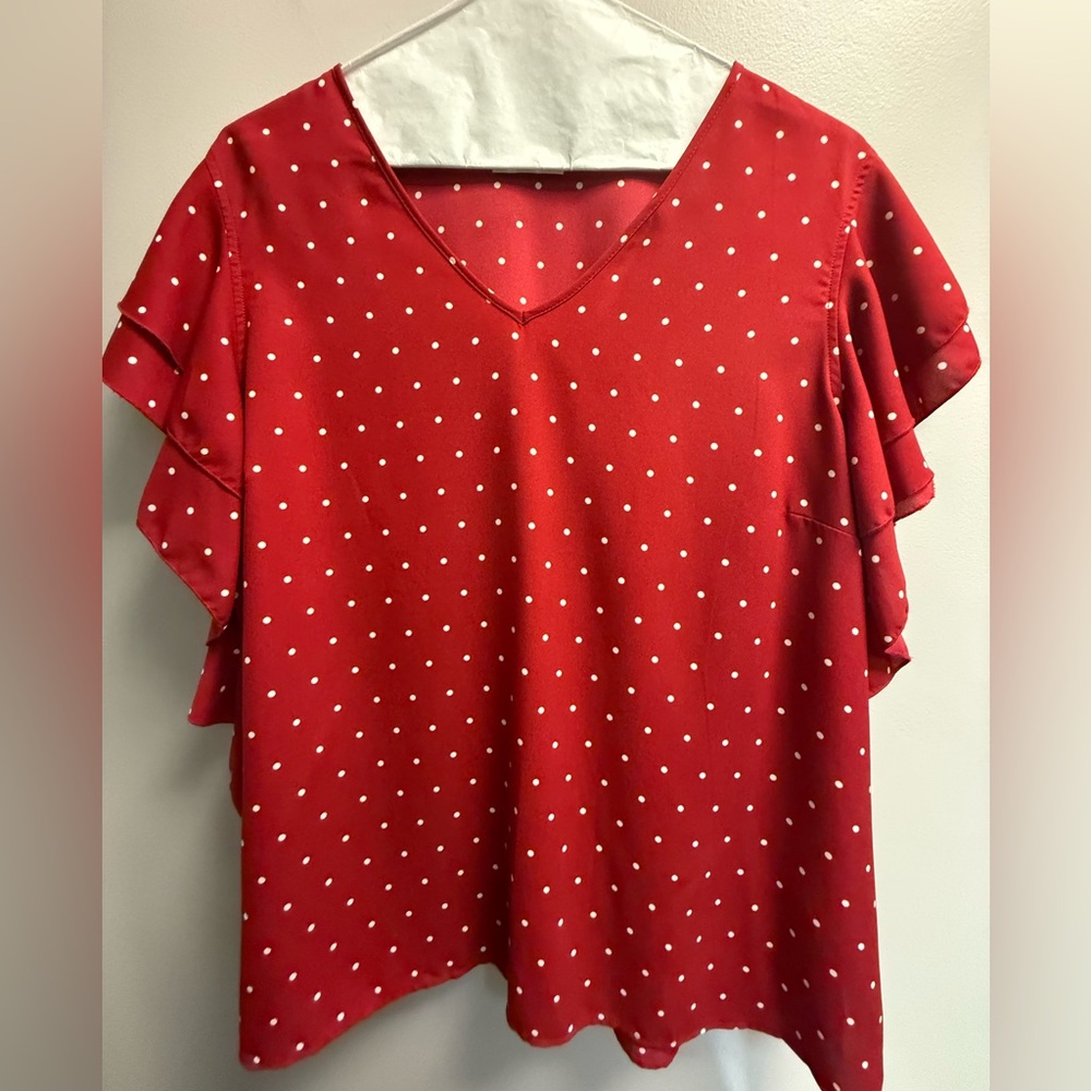 EUC Belle by Kim Gravel Red and White Polka Dot Blouse w/Ruffled Mini Sleeve XL